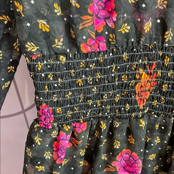 ANGIE- Black Dress with Vibrant Floral Design High Ruffled Neck size M - Picture 7 of 8